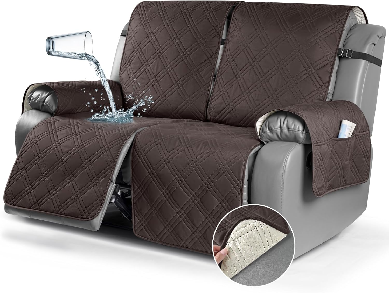 Slipcovers - TAOCOCO 100% Waterproof Loveseat Recliner Cover, Non Slip Split Loveseat Covers for Reclining Loveseat with Elastic Straps, Washable Recliner Chair/Furniture Protector for Pets(2 Seater, Chocolate)