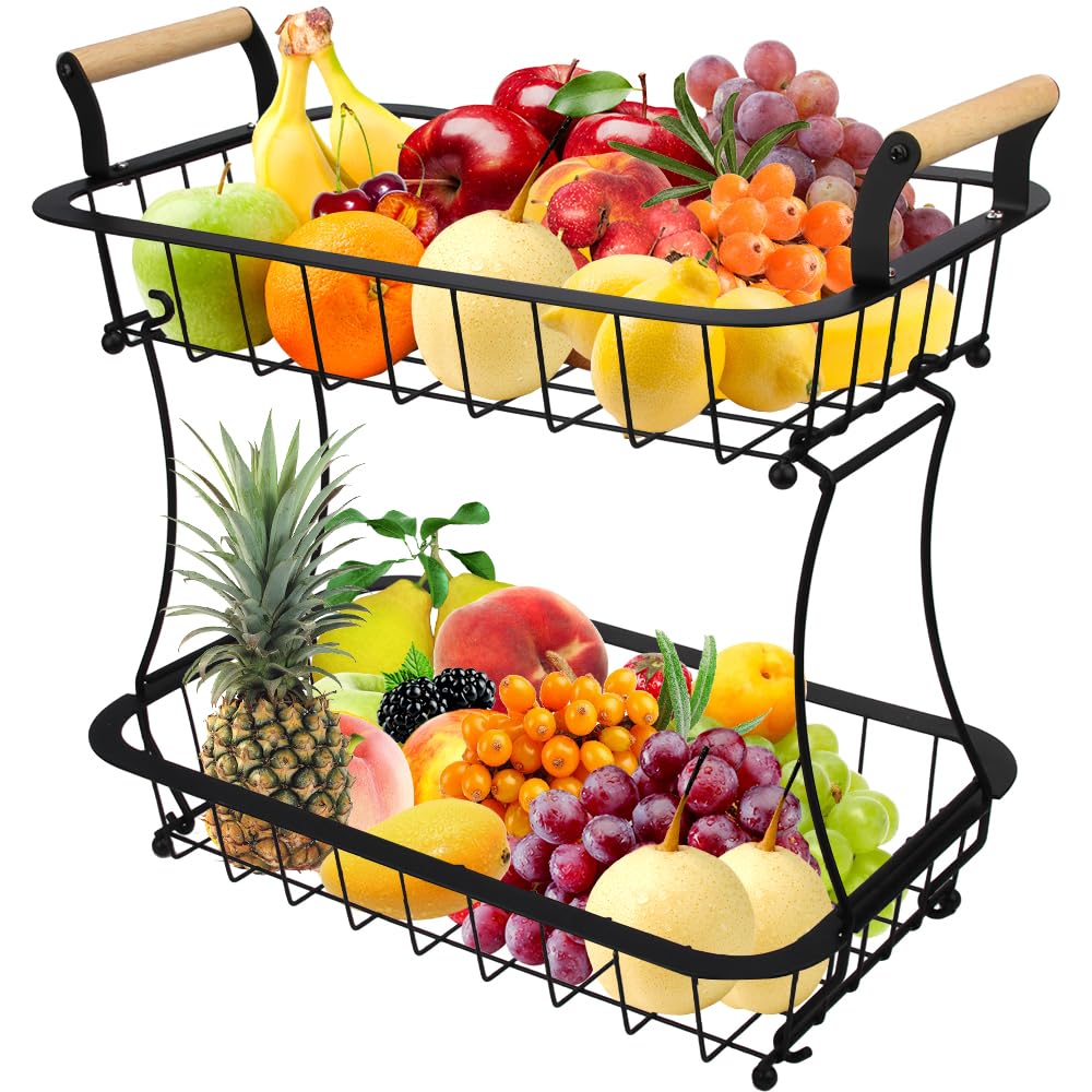 TINMIX 2-Tier Fruit Basket and Rack - Metal Kitchen Storage Basket with Vegetable Rack and Fruit Bowls (Black)