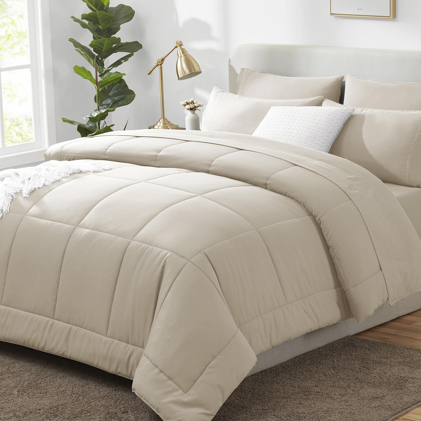 Photo 1 of CozyLux King Size Comforter Set Oatmeal, 7 Pieces Bed in a Bag, Oatmeal Comforter King Size, All Season Bedding Sets with Stitch Quilted Comforter, Flat Sheet, Fitted Sheet, Pillowcases