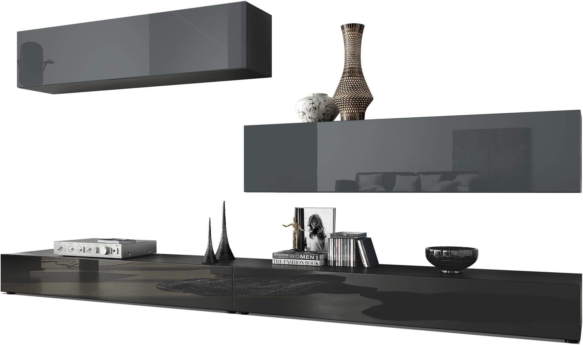Vladon Wall Unit TV Stand Nublo, Carcass in Black matt/Fronts in Black High Gloss and Grey High Gloss