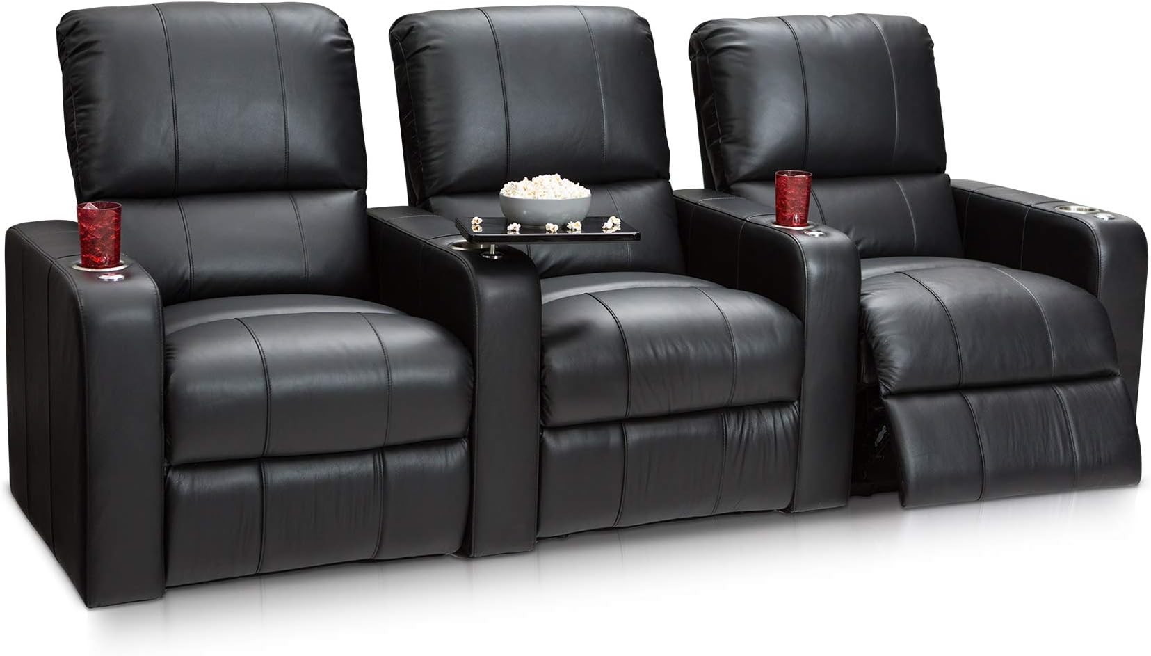 Seatcraft Millenia Home Theater Seating - Top Grain Leather - Manual Recline - Stainless Steel Cupholders - Swivel Trays (Row of 3, Black)