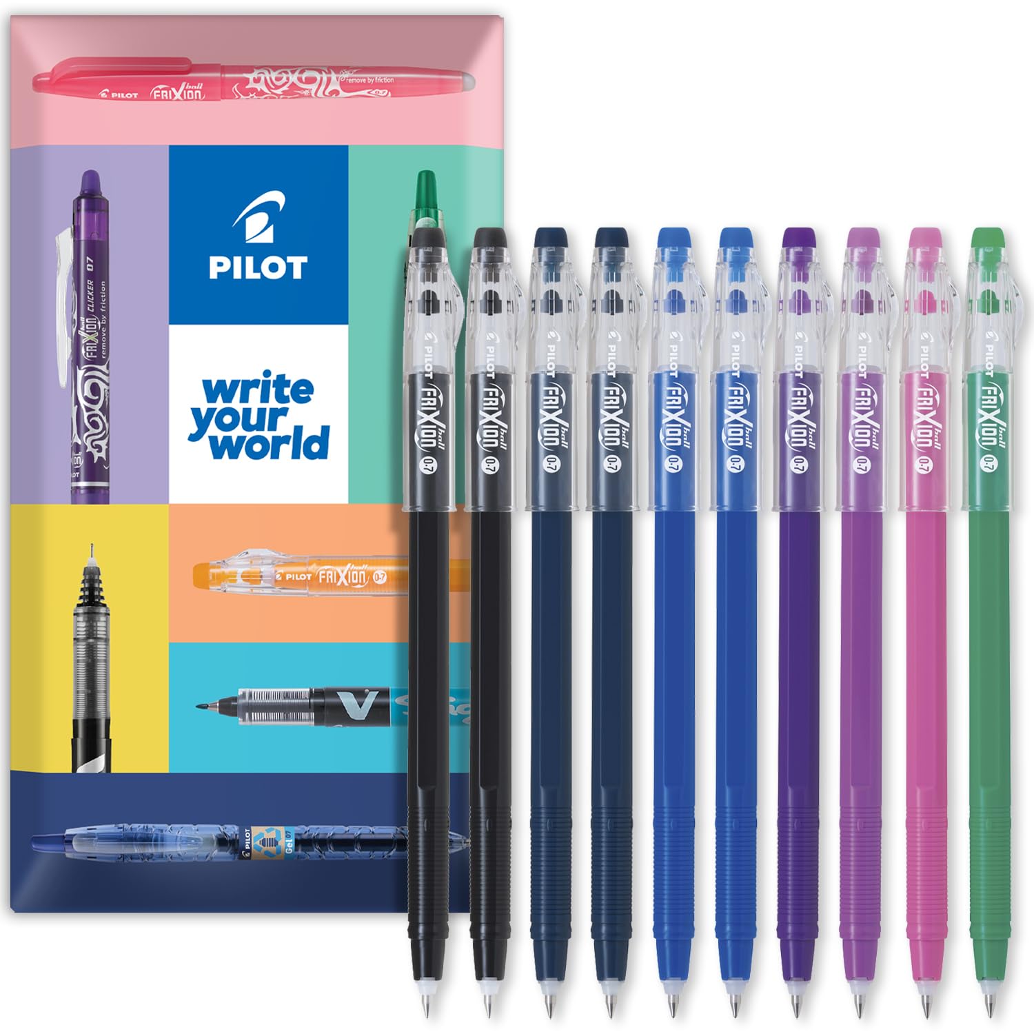 PILOT FriXion Ball Stick 07-0.7mm Nib Tip - Erasable Gel Ink Pens - In Envelope Gift Packaging (Teacher's Wallet of 10)