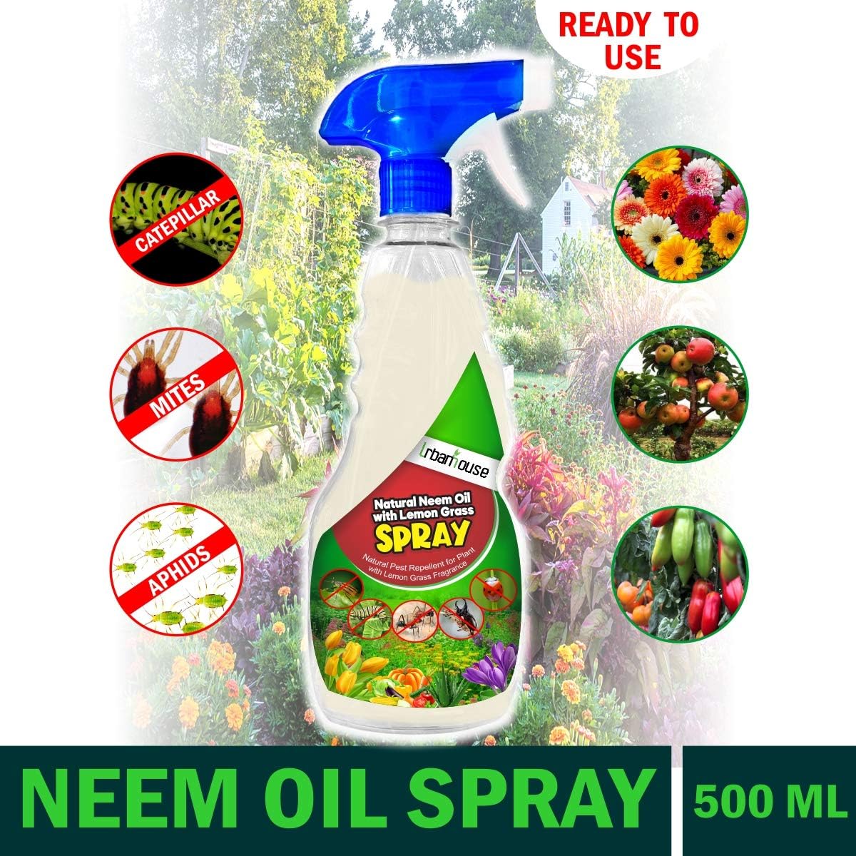 Urbanhouse Natural Neem Oil with Lemon Grass Spray for Plant Pest Control and Fungus Control (No Need to add Water) - 500 ml
