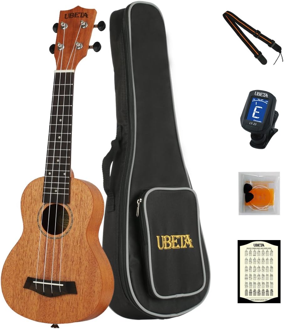UBETA US-041 Soprano Ukulele 21“Ukulele Beginner Ukulele Hawaiian Guitar with Italy Aquila strings 5 in 1 Kit: Gig bag, clip-on Tuner, Picks. Spare Nylon Strings and Strap - Natural colour