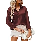 Eabel.C Women's Satin Silk V Neck Button Down Shirts Long Sleeve Casual Business Shirt Dress Blouses