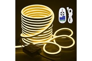 Samsion 50FT Neon Rope Lights Dimmable Neon LED Light Strip Outdoor Waterproof 3000K Warm White LED Neon Flex 110V~130V AC LED Rope Light Remote Control for Indoor Garden Lighting Decor 15M 120LEDs/M