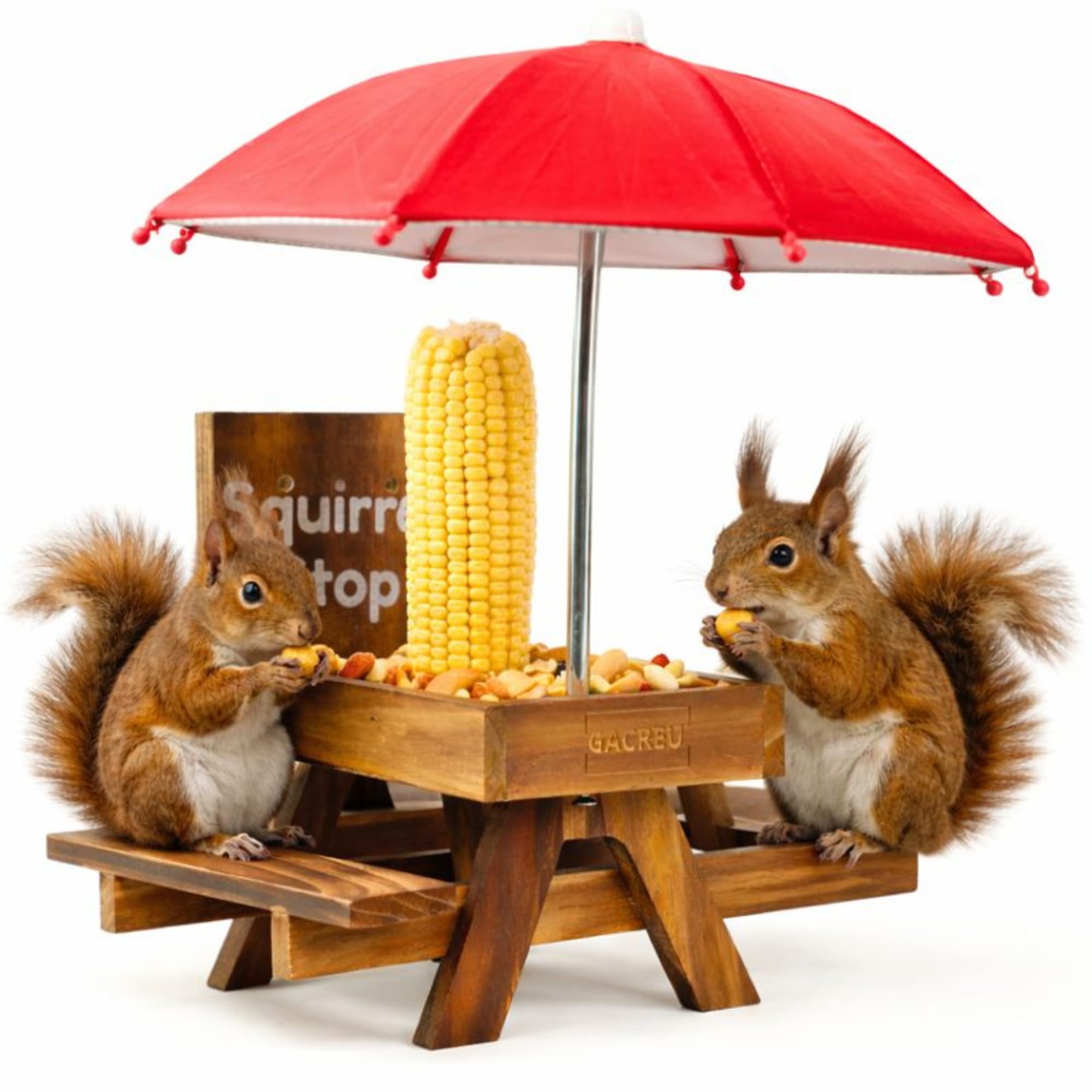 View 1 of **MISSING UMBRELLA / TABLE ONLY*** GACREU Squirrel Feeder Picnic Table – Wooden Bench Feeding Station with Umbrella, Drainage & Airflow – Easy Assembly Wildlife Feeder for Corn & Nuts – Unique Garden Gift