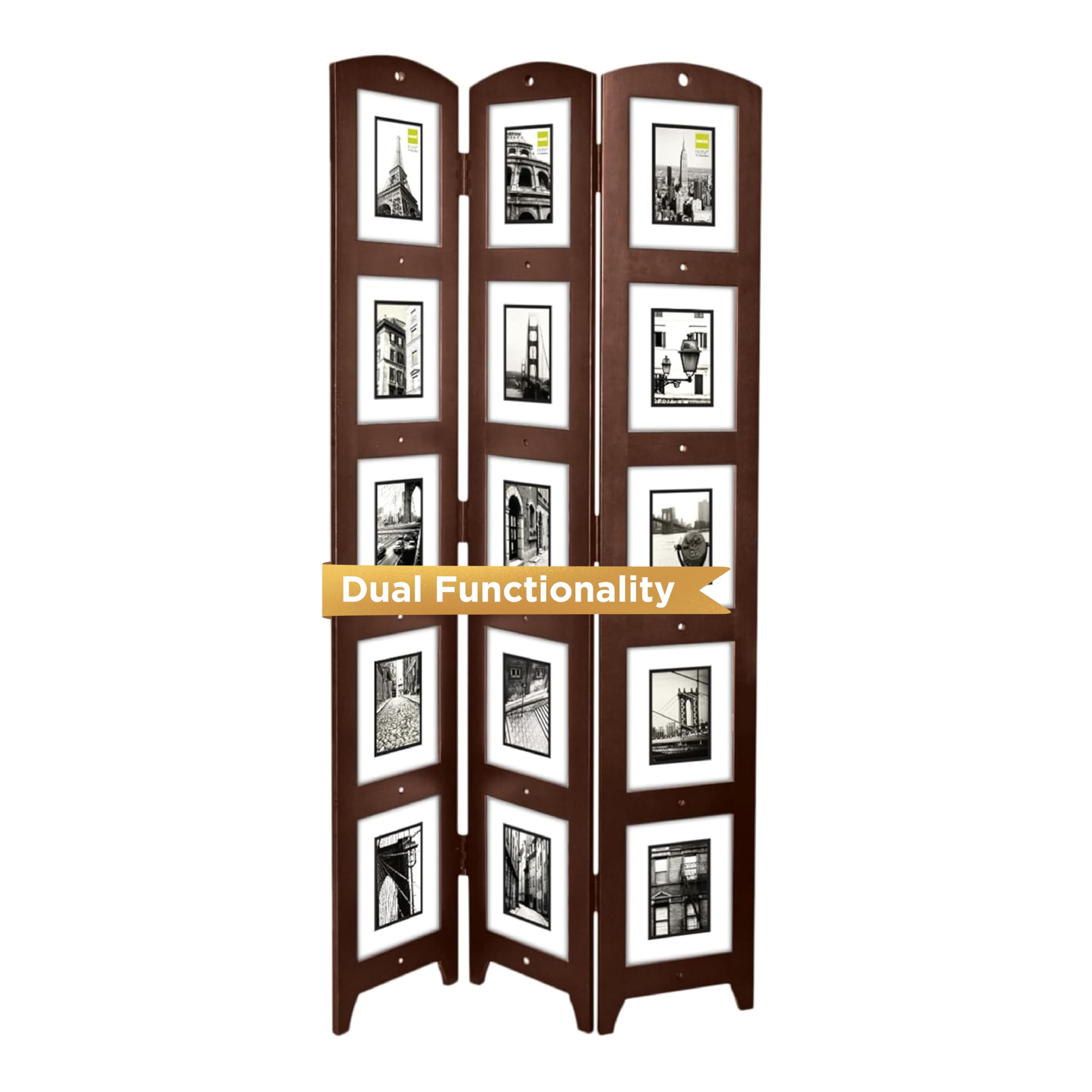 Photo 1 of Kiera Grace 3-Panel Photo Collage Room Divider and Privacy Screen, Picture Frames Hold 15 Photos of 5" x 7" Size, Ideal for Office and Home Decor, Fully Assembled, 33.75" L x 0.75" W x 64" H, Espresso