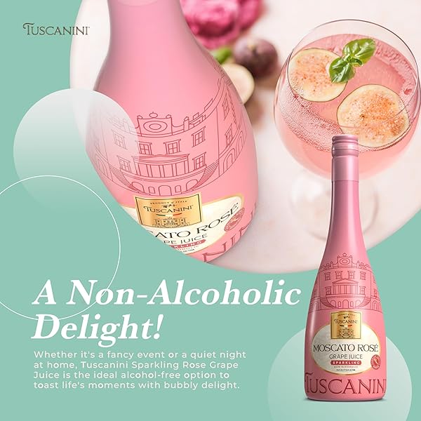 TUSCANINI ITALIAN MOSCATO ROSE SPARKLING GRAPE JUICE, 25.3OZ (2 PACK) | NON ALCOHOLIC SPARKLING JUICE | VALENTINES DAY GIFT | ELEGANT CHAMPAGNE BOTTLE | IMPORTED FROM ITALY | GREAT FOR MOCKTAILS | KOSHER