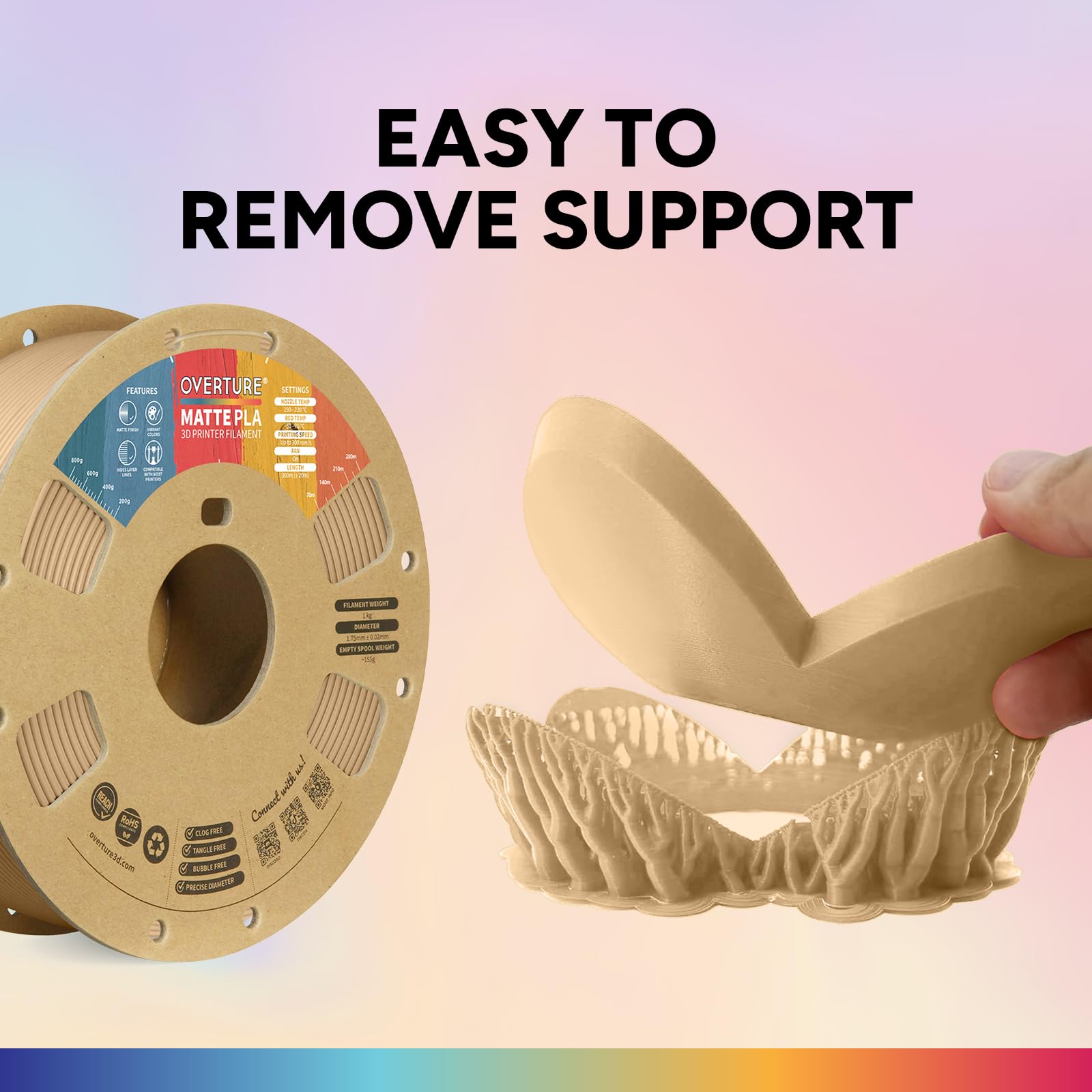 OVERTURE Matte PLA Filament Aufgerüstet 1.75 mm, 1kg (2.2 lbs) Spule, Maßgenauigkeit +/- 0.03mm Filament für 3D Drucker (1kg-03 Hellbraun) 6