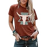 Western Shirts for Women Vintage Cow Skull Graphic Tshirts Casual Cowgirl Short Sleeve Tee Top