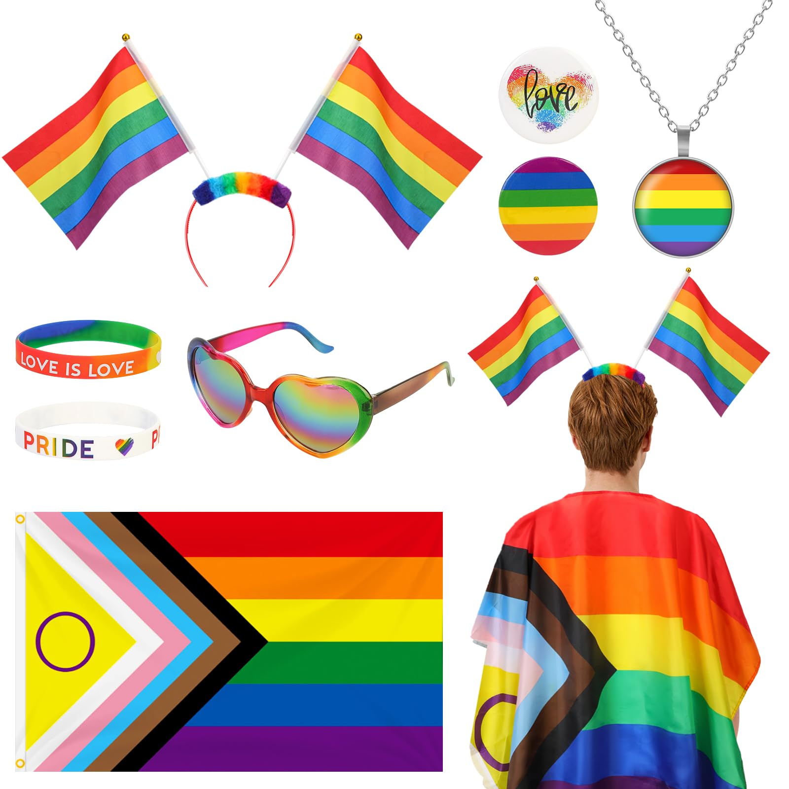 XEPST LGBTQ+ Gay Pride Accessories - 8PCS Progress Rainbow Cape Set with Rainbow Flag Cape, Headband, Sunglasses, Bracelets, Brooches & Necklace for Gay Pride Month Events, Parades & Parties