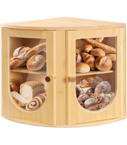 Boîte à Pain D’angle 2 étages – Rangement Comptoir Ou Sous Armoire, Noir Et Bois, Porte Transparente, 34x34 Cm