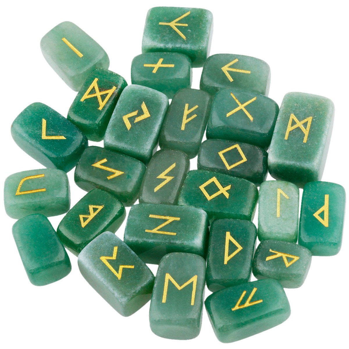 mookaitedecor Natural Green Aventurine Runes Stones Set of 25, Viking Norse Runes with Elder Futhark Alphabet Symbol for Divination Crystal Witchcraft Pagan Supplies Gift Wiccan Room Decor