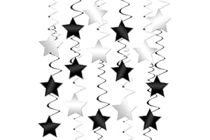 KatchOn, Black and Silver Star Hanging Swirls - Big Pack of 32, No DIY | Black and Silver Party Decorations | New Years Eve Party Supplies 2024 | Black and White Party Decorations, Raiders Decorations