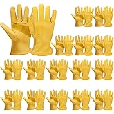 Sintuff 16 Pairs Men's Cowhide Leather Gloves Cowhide Leather Gardening Gloves with Reinforced Palm Stretchable Wrist Tough for Wood Cutting, Construction, Driving, Garden Working(Medium,Yellow)