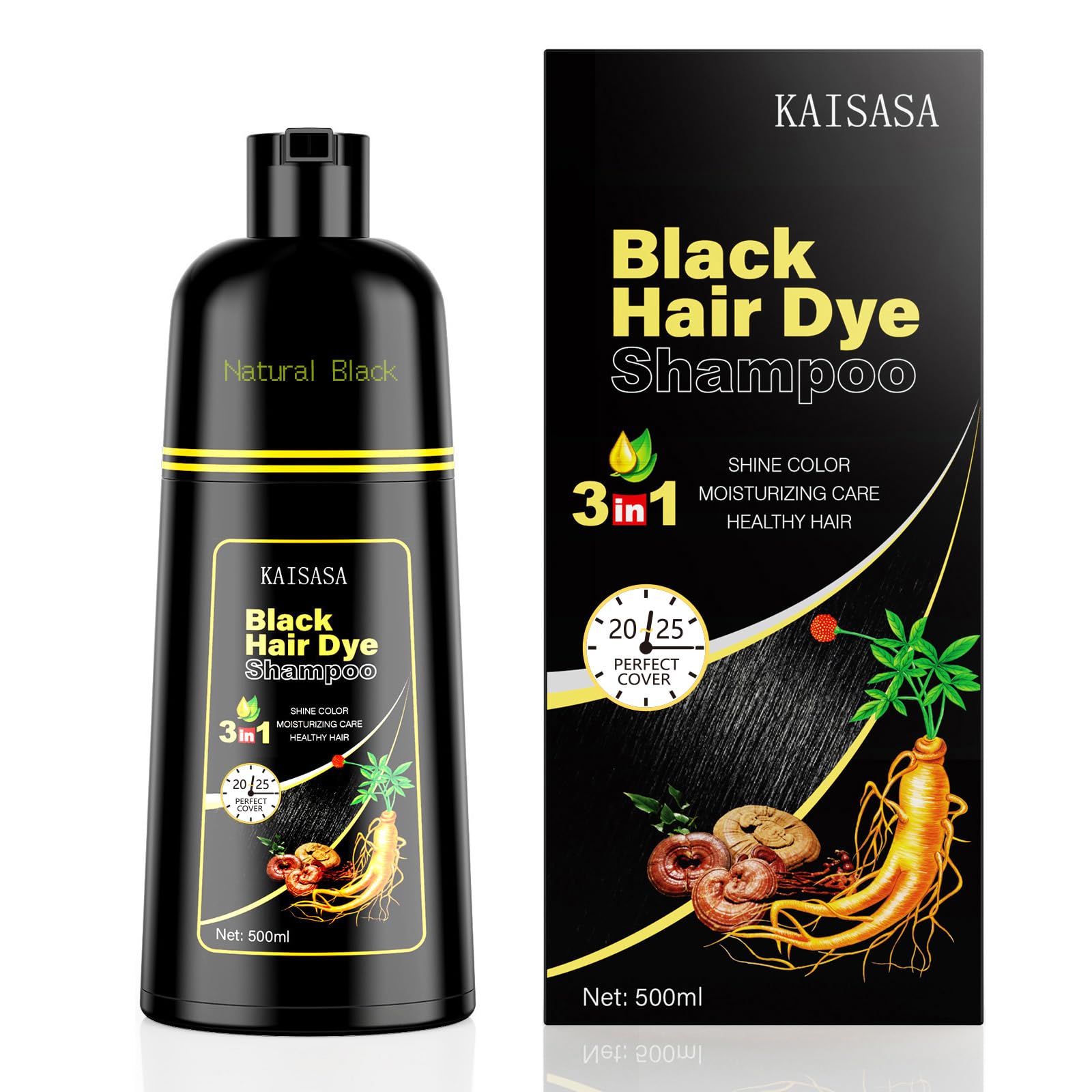 KAISASA Black Hair Dye Shampoo 3 in 1, Hair Color Shampoo for Women and Men, Hair Dye to Cover Gray Hair, Herbal Ingredient Shampoos for Grey Hair Coverage 500ml (Black) Image