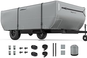 Vigorvan Pop Up Folding Camper Cover Fits 8'-10' Trailers, Upgraded 7 Layers Top Tent Trailer Cover, Anti-UV & Waterproof Folding Trailer Cover with Windproof Straps