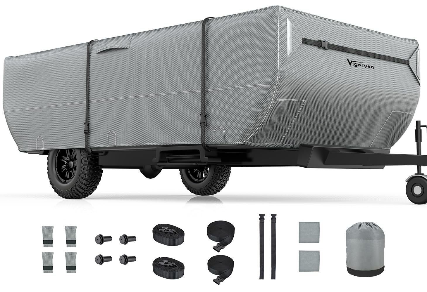 Photo 1 of Vigorvan Pop Up Folding Camper Cover Fits 8'-10' Trailers, Upgraded 7 Layers Top Tent Trailer Cover, Anti-UV & Waterproof Folding Trailer Cover with Windproof Straps