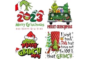 TIRMEVW Christmas Heat Transfer Vinyls for Clothing Decals Green Monster Cute Cartoon Design Christmas Iron on Stickers for T-Shirt Pillow Bags DIY Supplies Decoartions 4 Sheets