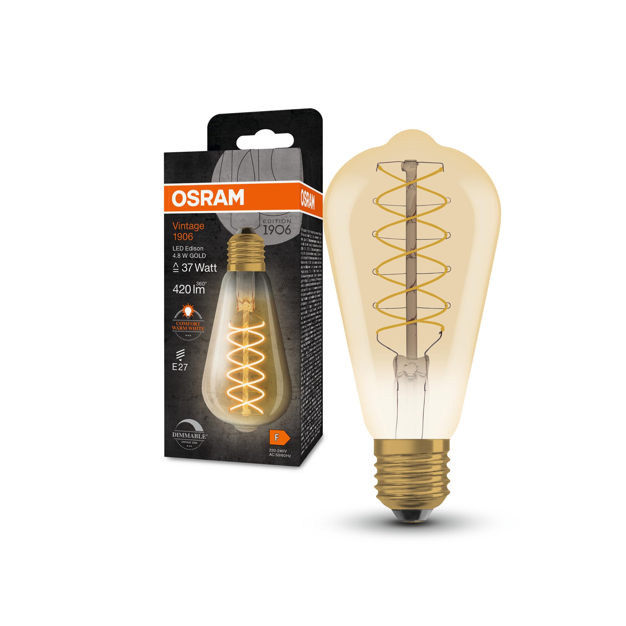 OSRAM Dimmable Led Lamps, Vintage Edition, 37 Watts Replacement, E27, G95-Shape, 2200 Kelvin, Warm Comfort Light, Clear Glass, Single Pack