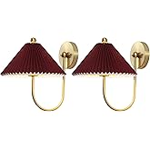 SAFAVIEH Lighting Collection Chrissy Burgundy/Brass Fabric/Metal Wall Sconce Set of 2 (LED Bulbs Included)
