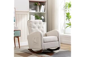 Antetek Modern Accent Rocking Chair, Upholstered Nursery Glider Rocker for Baby and Kids, Comfy Armchair with Pocket, Living Room Lounge Arm Chair, High Backrest with Decorative Buttons, Off White