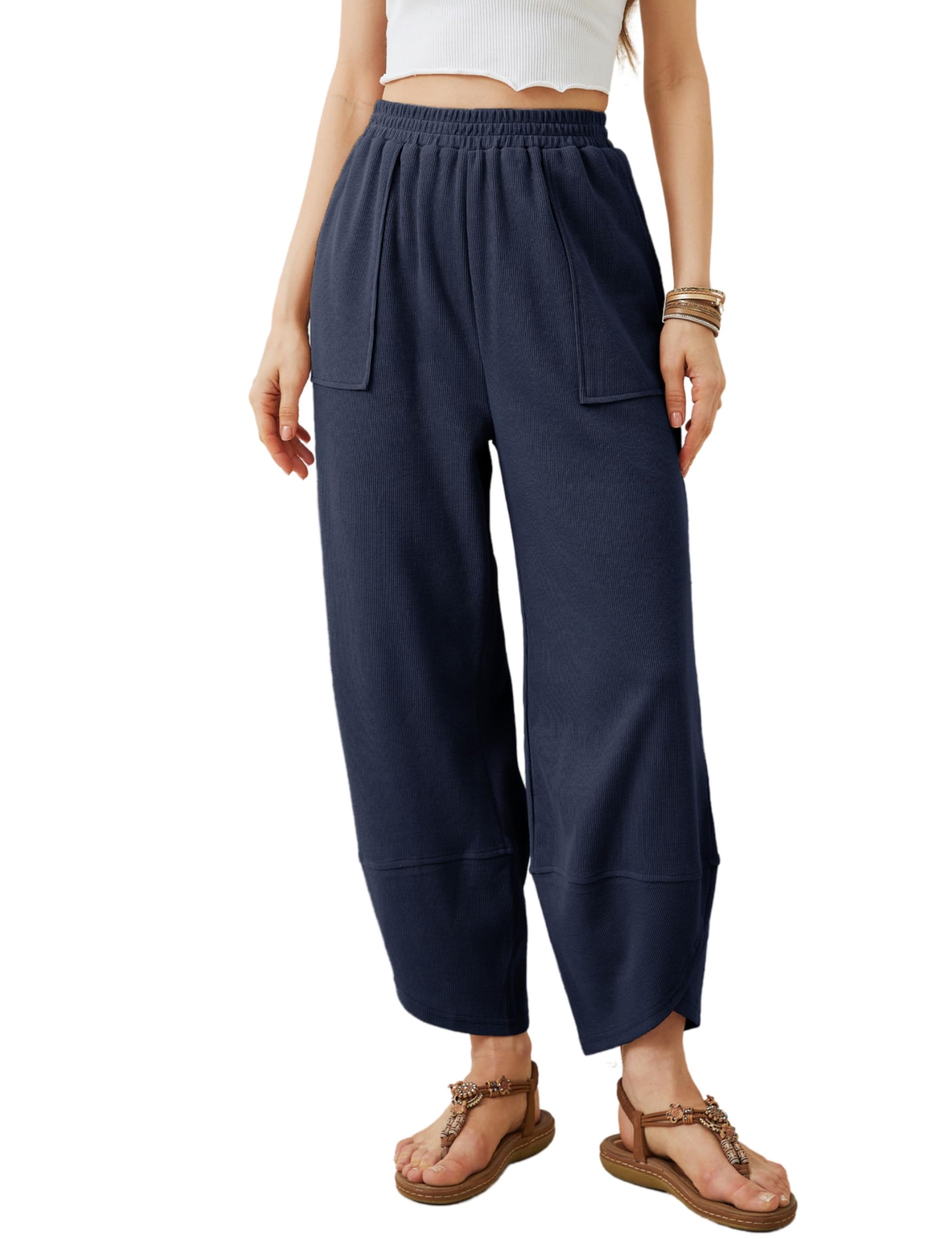 Photo 1 of Xiaoxuemeng Womens Baggy Wide Leg Pants Casual Elastic Waisted Palazzo Harem Pants with Pockets(NavyBlue-XS)