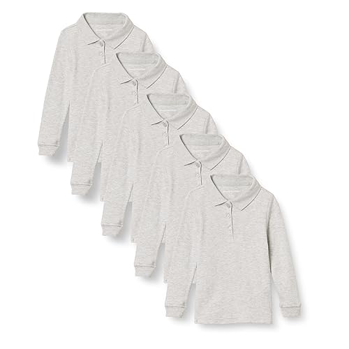 Amazon Essentials Girls' Long-Sleeve Interlock Polo Shirts, Pack of 5, Grey Heather, Small