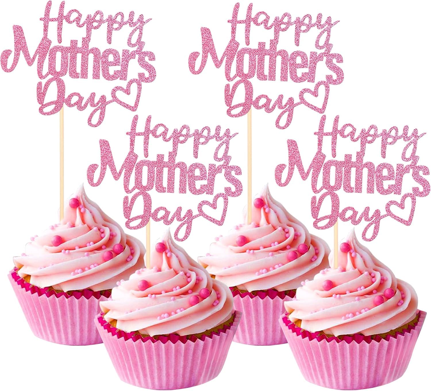 SYKYCTCY 24 Pack Happy Mother's Day Cupcake Toppers with Glitter Hollow Heart Love Mom Cupcake Picks Best Mom Cake Decorations for Women Birthday Happy Mother's Day Theme Party Supplies Pink