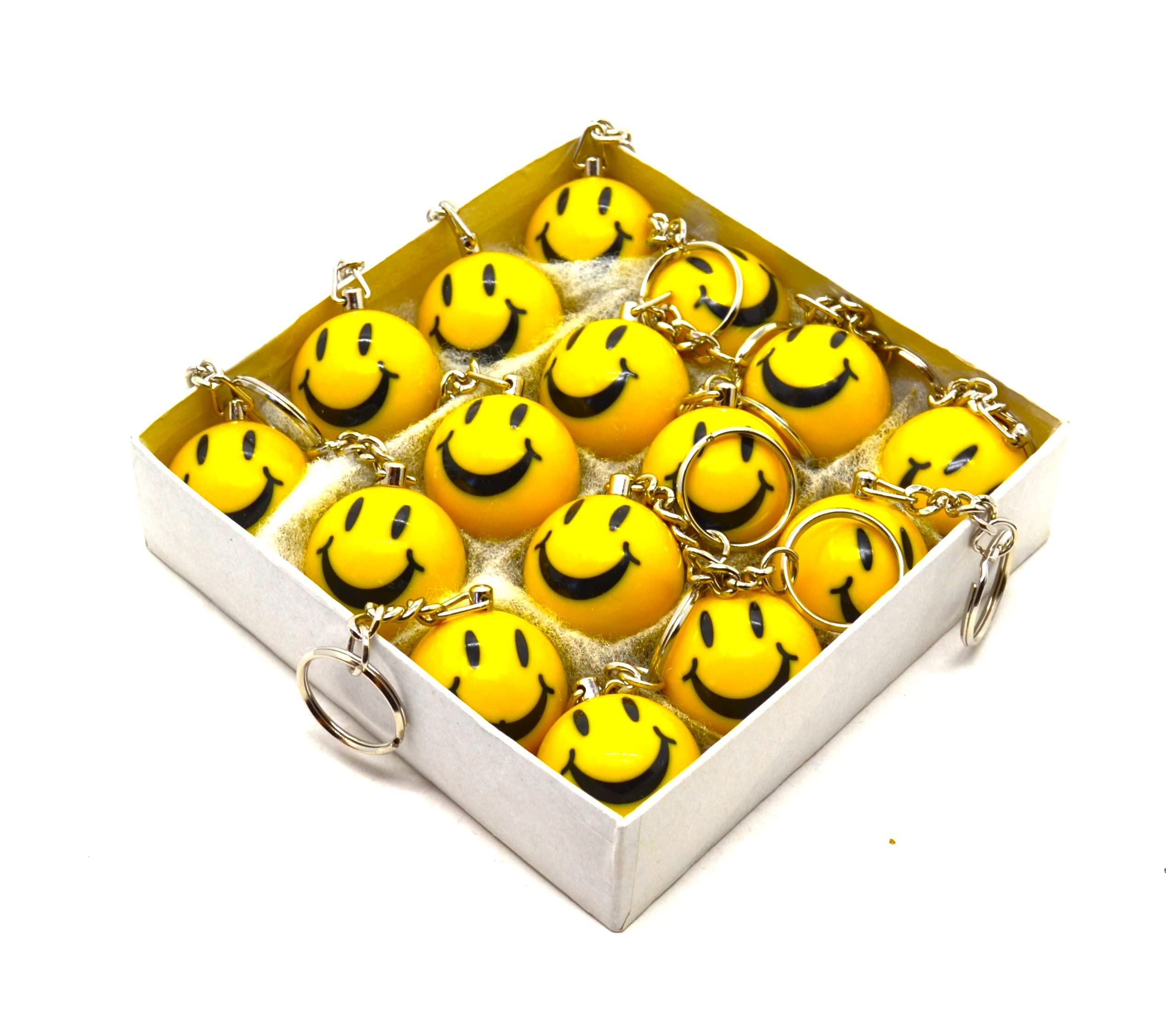 ARUNDEL SERVICES EU Box of 16 Keyrings Acid Face Old School Raver Emoji Happy Yellow Music of the 90 Friends of the Party Keychain Ball