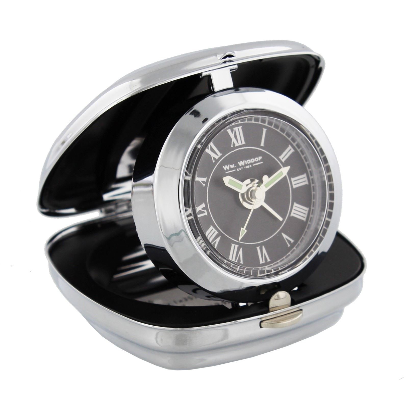 Wm Widdop Chrome Fold up Travel cushion shape Alarm Black Dial