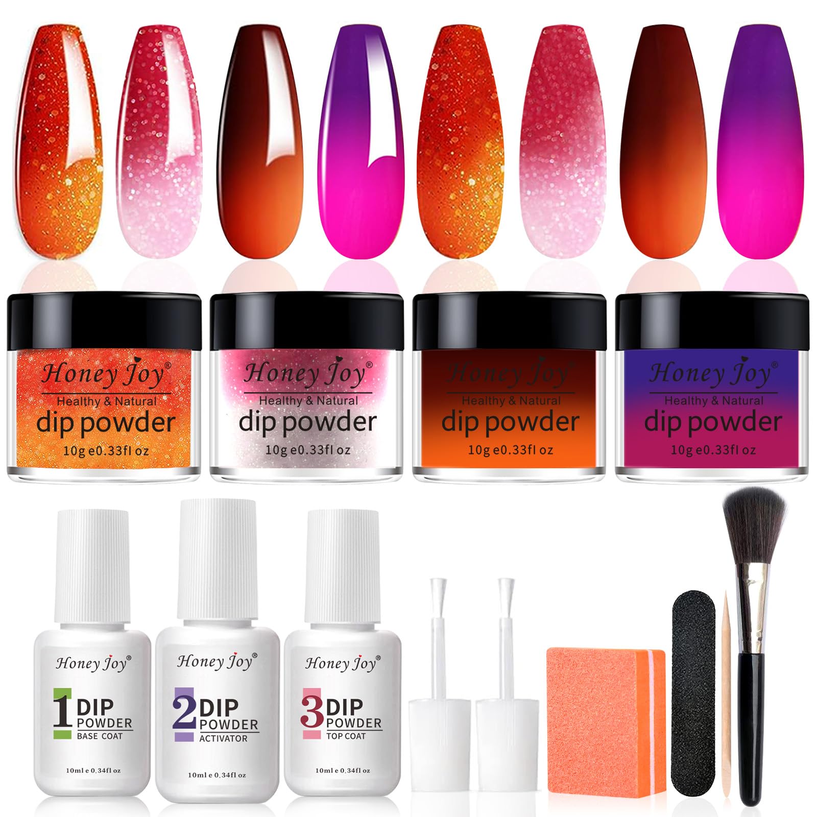 Honey Joy Dip Powder Nail Kit Starter, 4 Colors Halloween Pumpkin Orange Mystic Purple Dipping Powder Liquid Set with Base Top Coat for Nail Art Manicure Salon DIY, Dip-7pcs-No.14
