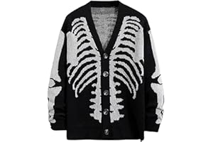 Arssm Men Skeleton Cardigan Sweater Oversized Fall Graphic Long Sleeve Knit Y2K Button Down V Neck Sweater Outwear