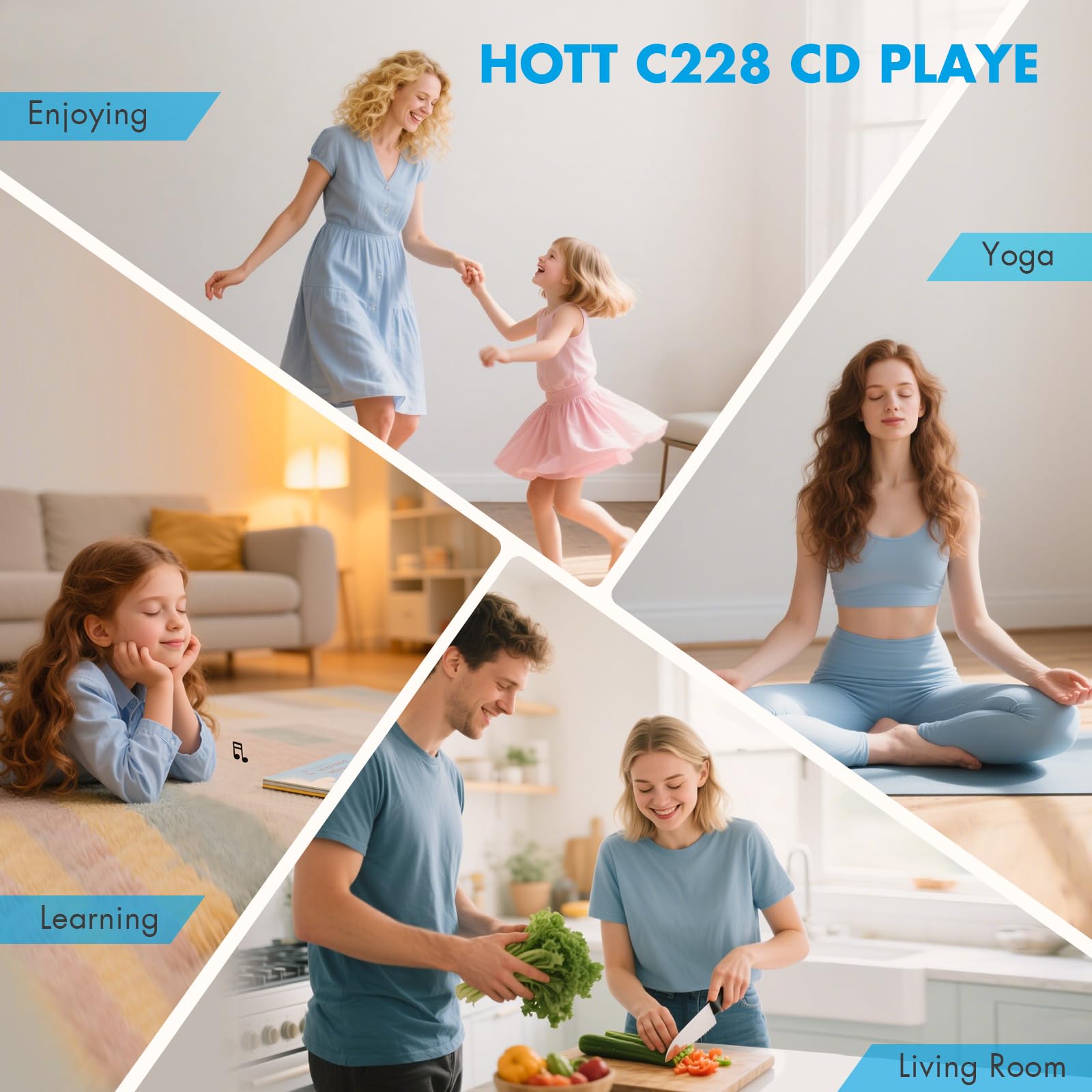 HOTT Portable CD Player Built-in 4 Speakers Stereo Sound,Bluetooth 5.3 Anti Skip CD Player,FM Transmitter,A-B Repeat AUX Cable Rechargeable 1800mAh Small CD Players for Car