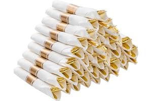BESTVIP 50 Pack Pre Rolled Gold Plastic Silverware Set, Disposable Wrapped Cutlery Set with 50 Napkins, 50 Knives, 50 Forks and 50 Spoons for Party, Birthday