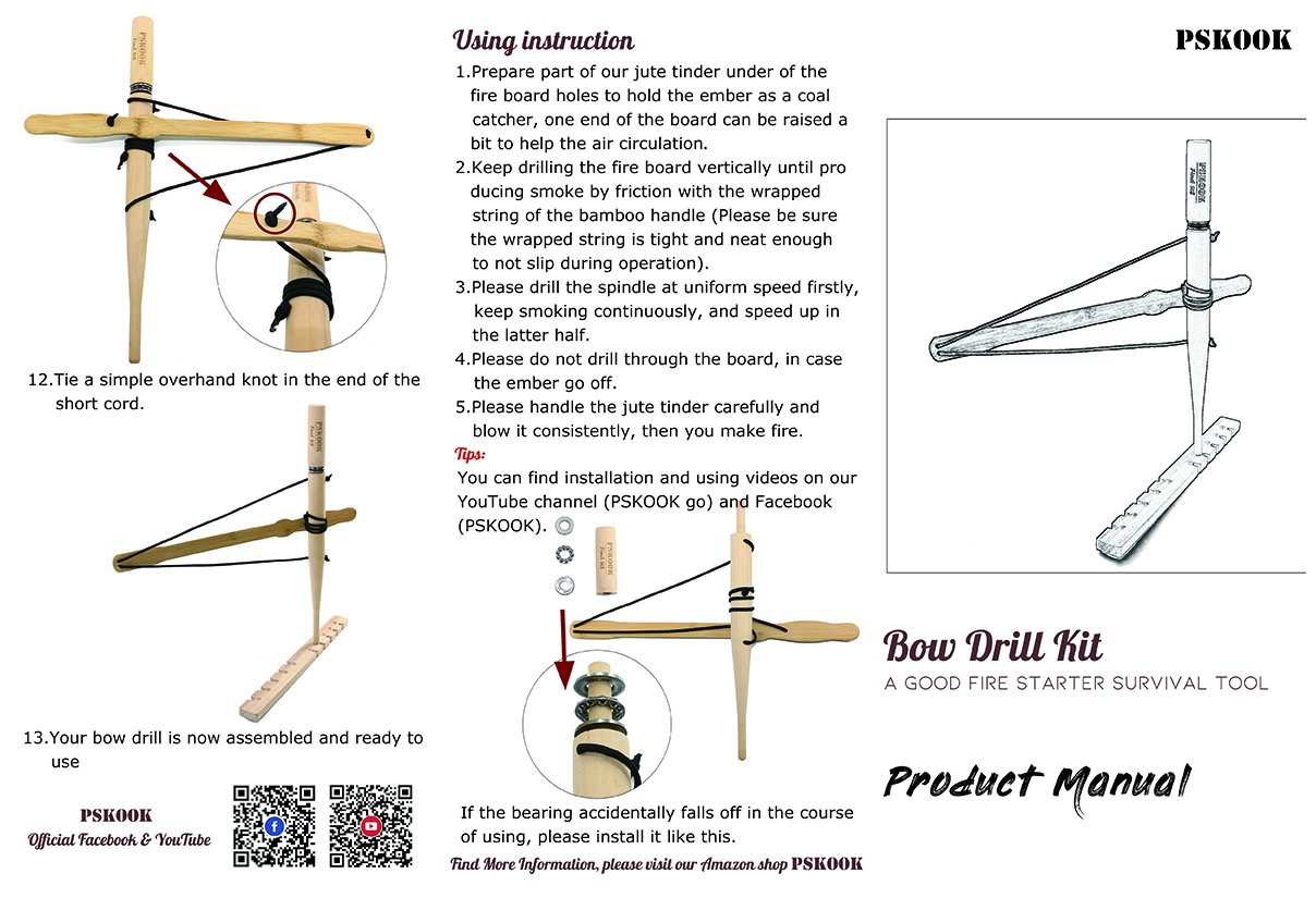 SURVIVAL KOOK Primitive Fire Bow Drill Fire Starter Kit Drill Wood to