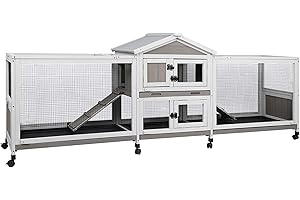Gowoodhut 93" Rabbit Hutch Outdoor Indoor with Run Wooden Weatherproof Bunny Cage with 8 Wheels,4 Leak-Proof Trays,Dual Metal Run & Ramp,Small Animal Outdoor Pens & Hutches for 1-3 Rabbits,Guinea Pigs