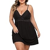 Oberitiny Lingerie for Women Lace Modal Chemises Nightgown V-Neck Full Slip Babydoll Sleepwear Plus Size