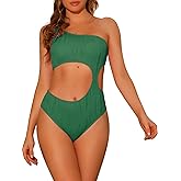 Elerevyo Women's 1 Piece One Shoulder Swimsuit, Asymmetric Waist Cutout Ribbed Swimwear Bathing Suit Monokini