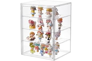 BEEHOMAY 4 Tiers Clear Acrylic Display Case, Plastic Storage Bins with 3 Adjustable Divider and Magnetic Door,Stackable Display Box for Figures Showcase (4 Tier-Extra Large-1 Pack)