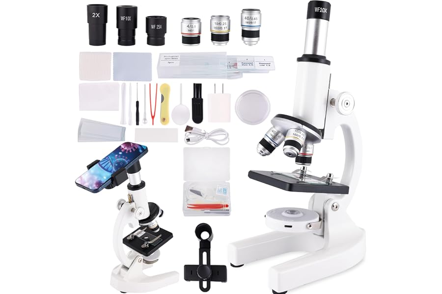 Microscope for Adults & Kids, 40X-2500X High-Power Compound Microscope for Students, School Lab & Home Schooling,Equiped with Slides Set & Phone Holder (Light White)