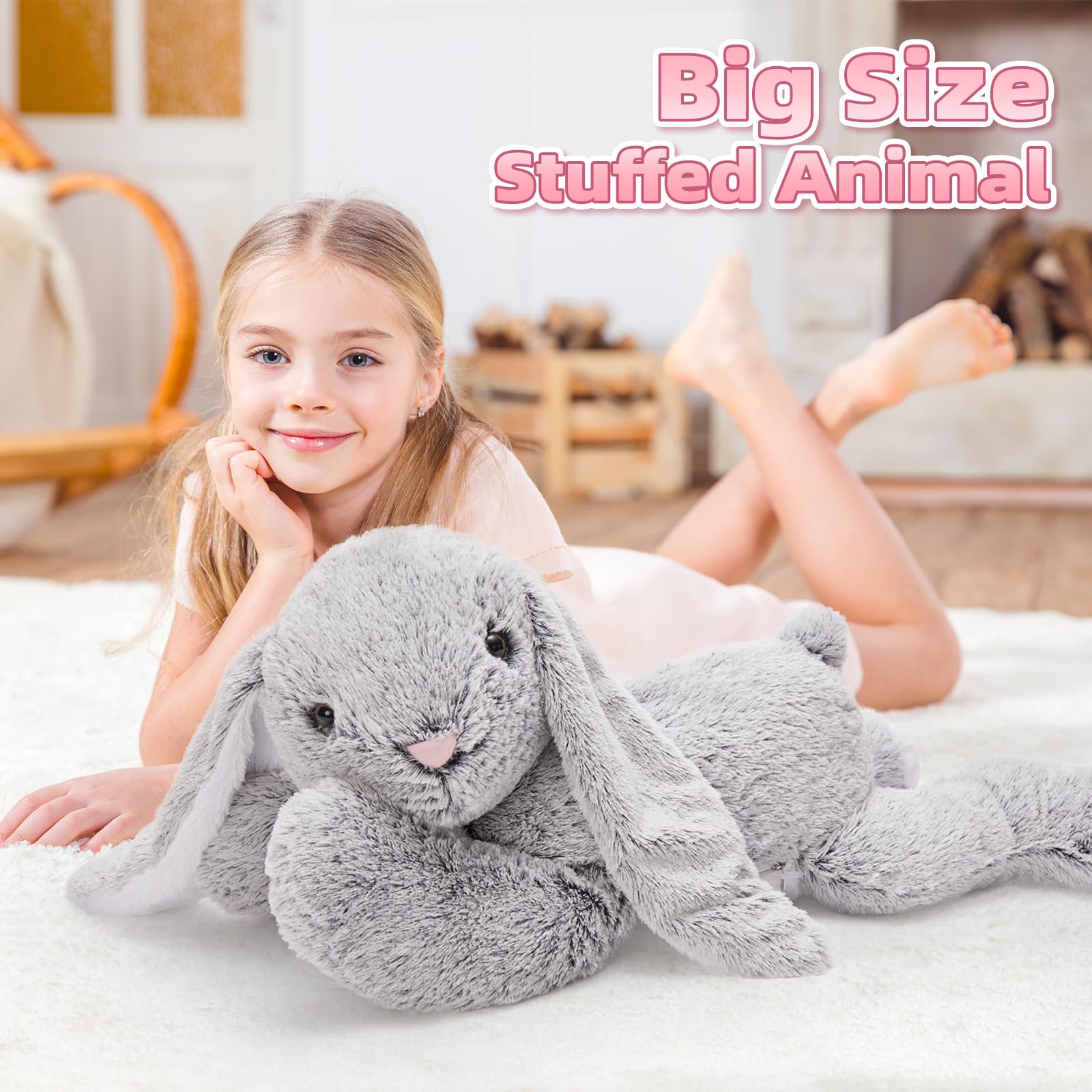 MorisMos 80cm lang riesen Hase Kuscheltier XXL, groß grau Osternhase Stofftier Plüschtier Hase, weich Kaninchen Plüschhase Puppe, kuschelhase Geburtstag Weihnachten Geschenk Kinder Baby Osterndeko 4