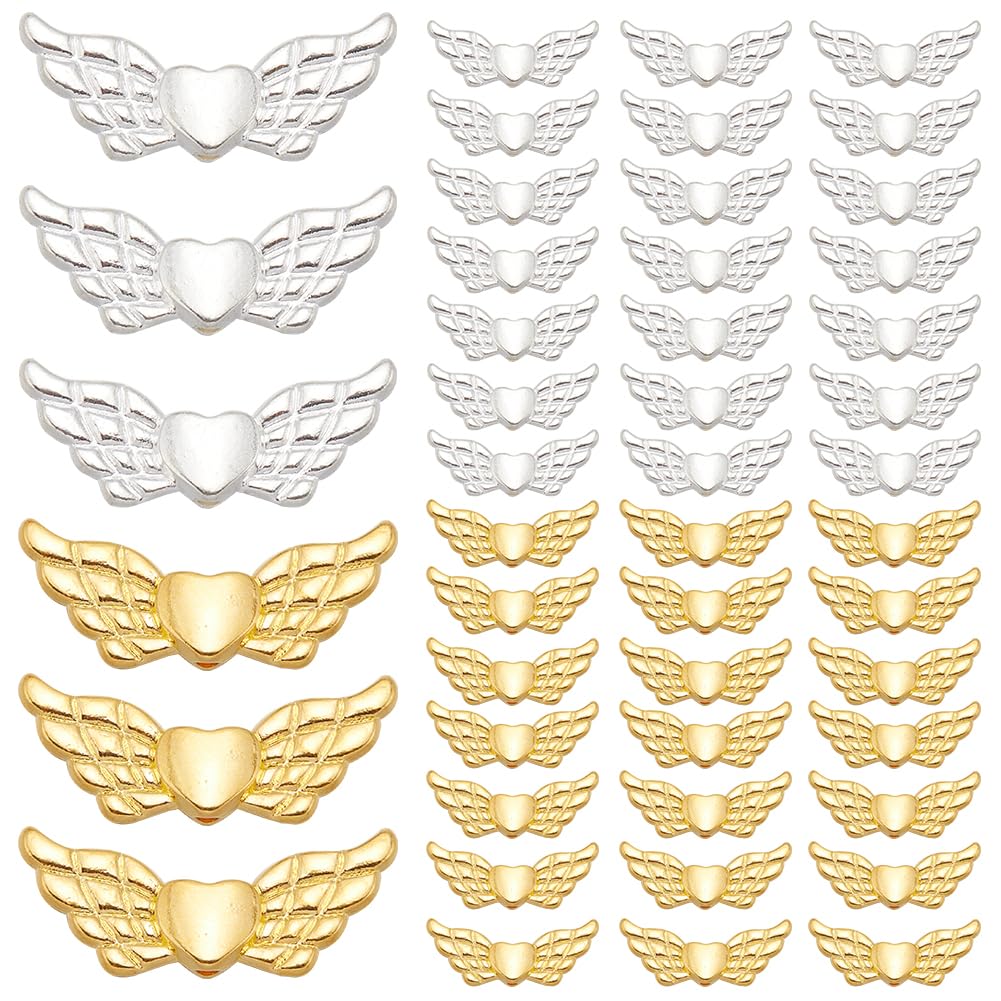 SOFPLATE 1 Box 100pcs Silver Wing Beads Small Wing Beads Alloy Metal Gold Silver Tibetan Style Butterfly Angel Fairy Heart Bead Bulk for jewellery Making Wedding Christmas Decoration Bracelet Beading