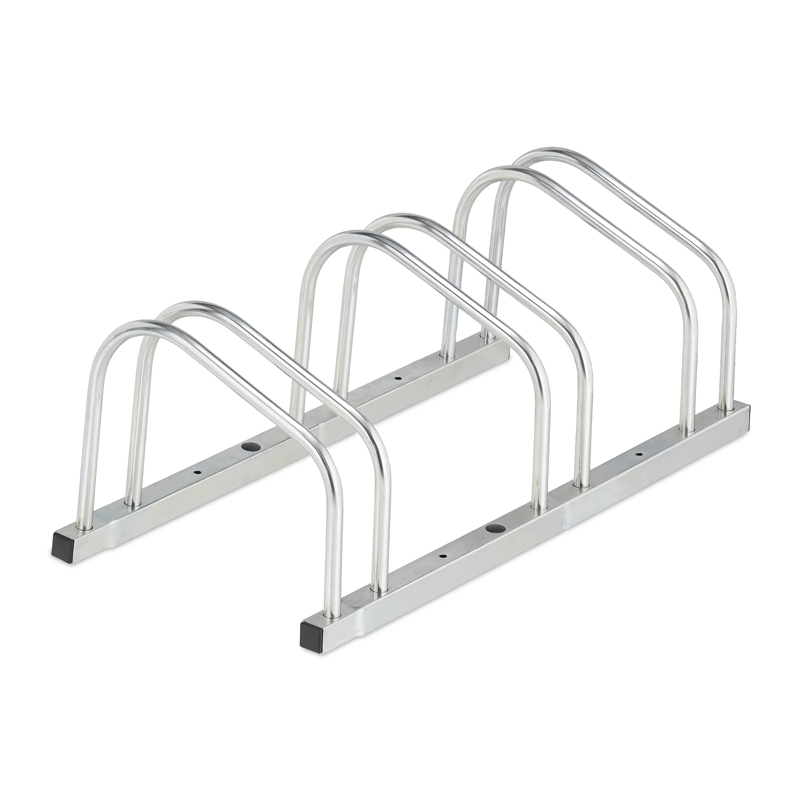 Relaxdays Floor Bike Rack, for 3 Bicycles, Wheel Width up to 50 mm, Metal, Outdoor Parking Stand, Garage, Steel, Silver, 26 x 70.5 x 33.5 cm