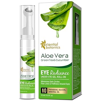 Oriental Botanics Aloe Vera, Green Tea & Cucumber Eye Radiance Under Eye Gel Roll on to Reduce Dark Circles, Puffiness and Fine Lines, 15ml (With Roller)
