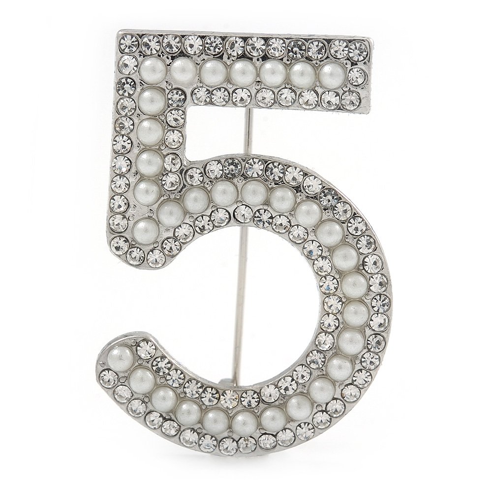 Figure of ''5'' Faux Pearl Crystal Brooch In Silver Tone Metal - 40mm L