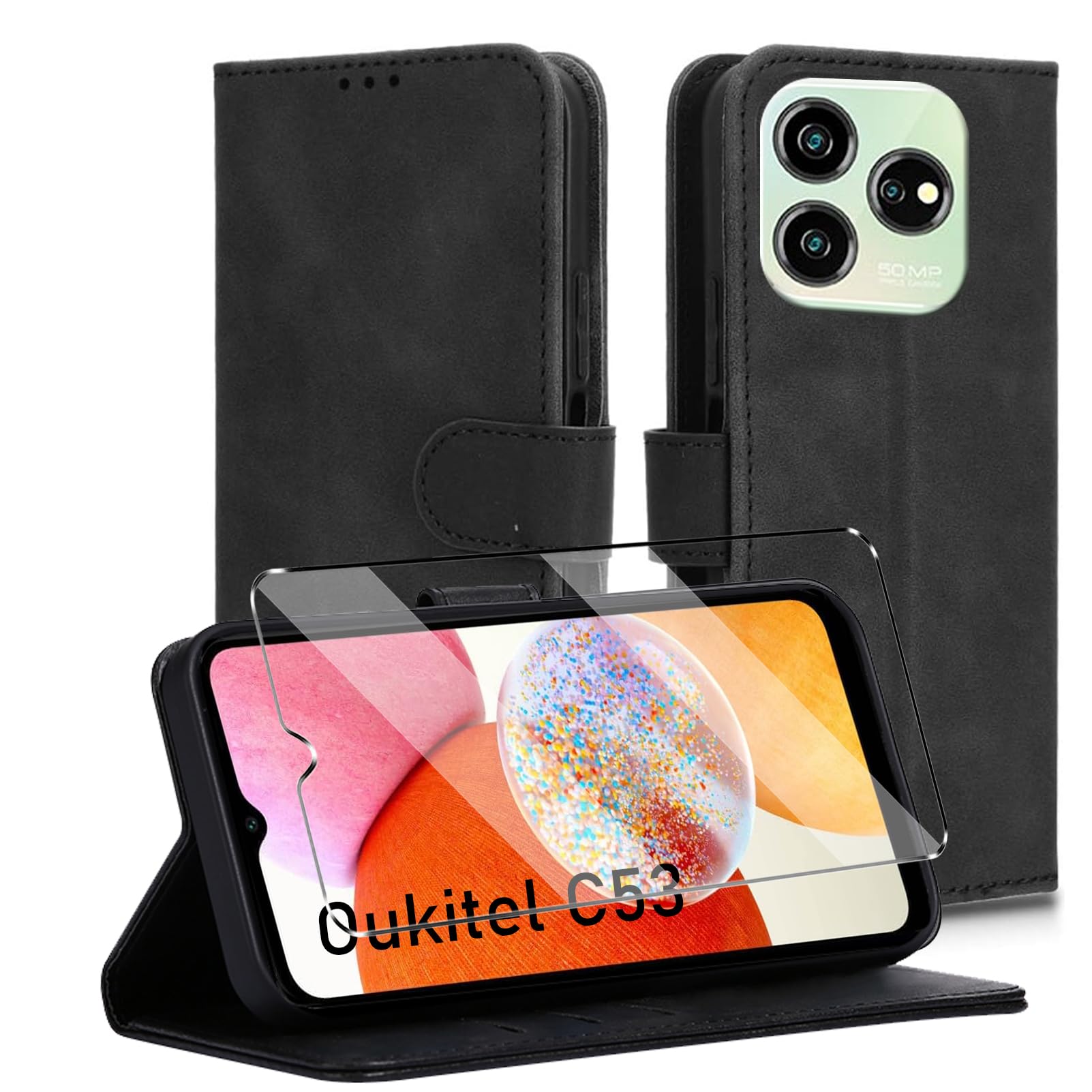 HuiYouMY 2-in-1 Case Compatible with Oukitel C53 Leather Phone Case, Wallet Case Cover [Card Slots] [Kickstand] Magnetic Closure Full Protection Book Folio Design wallet flip phone case - Black