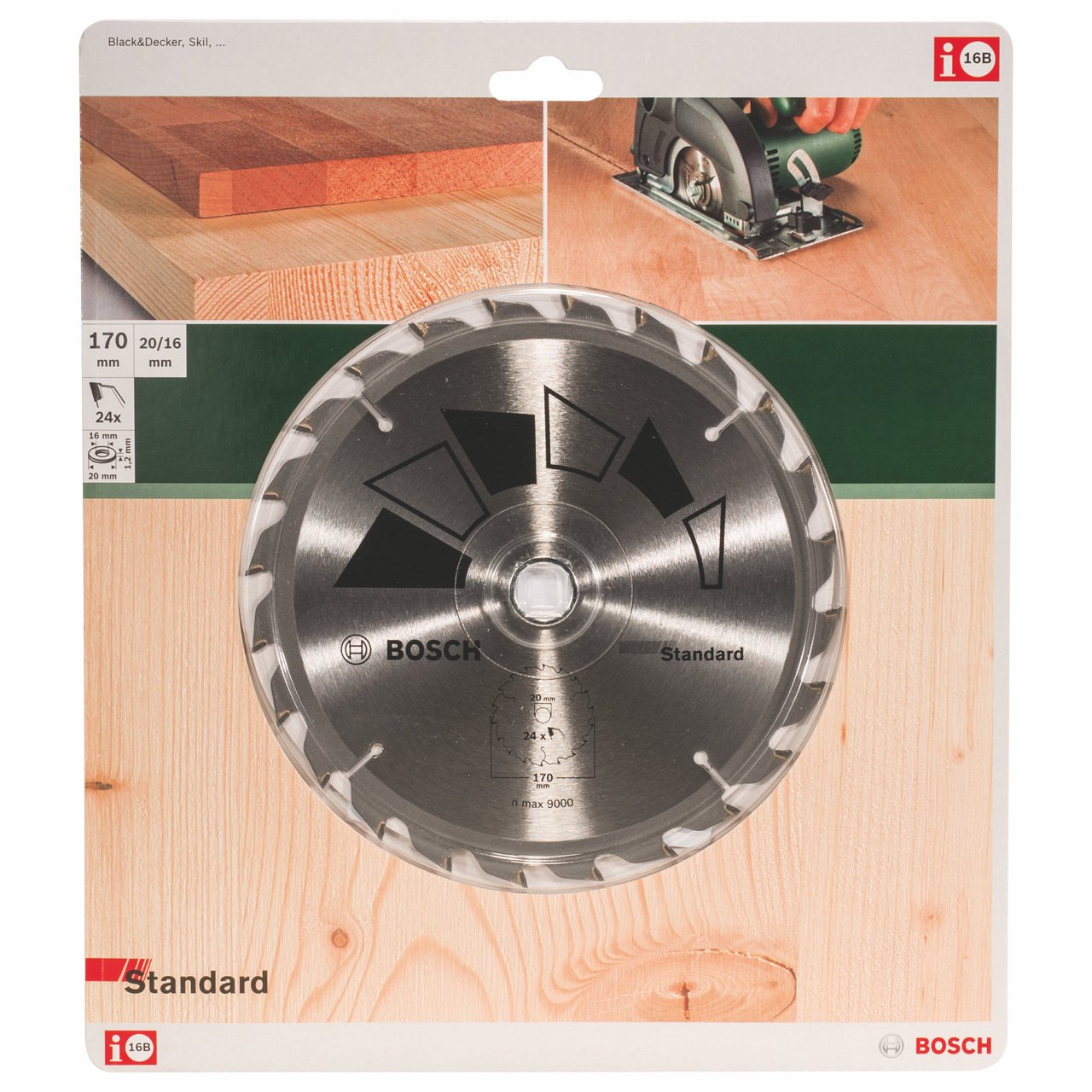 Bosch 1x Circular Saw Blade Standard (for Wood, Ø 170 x 2.2/1.5 x 20/16 mm, 24 Teeth, ATB, with 1x Reduction ring 16 mm, Accessories for Circular Saws)