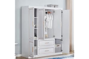LivelyLodge 74" H Closet with Doors White Wooden Armoire Wardrobe Closet Freestanding Clothes Storage Closet Bedroom Armoires Wood Wardrobe Storage Closet Cabinet with Hanging Rod Shelf 2 Drawers